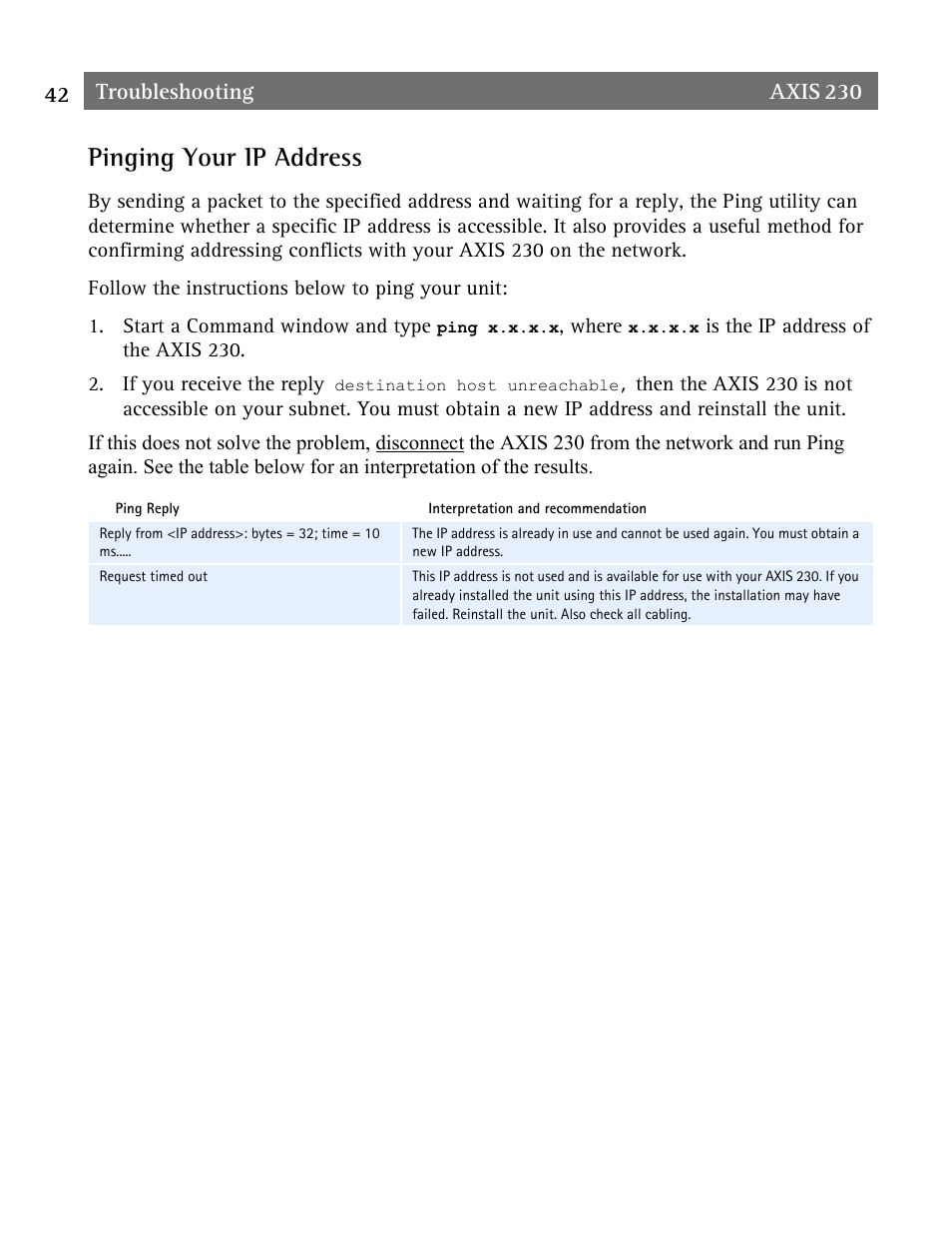 Pinging your ip address | Axis Communications AXIS 230 User Manual | Page 42 / 62