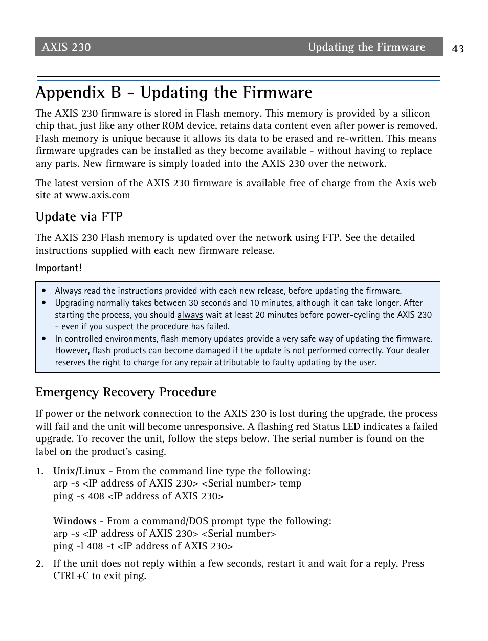 Appendix b - updating the firmware, Update via ftp, Emergency recovery procedure | Appendix b - updating the firmware 43 | Axis Communications AXIS 230 User Manual | Page 43 / 62