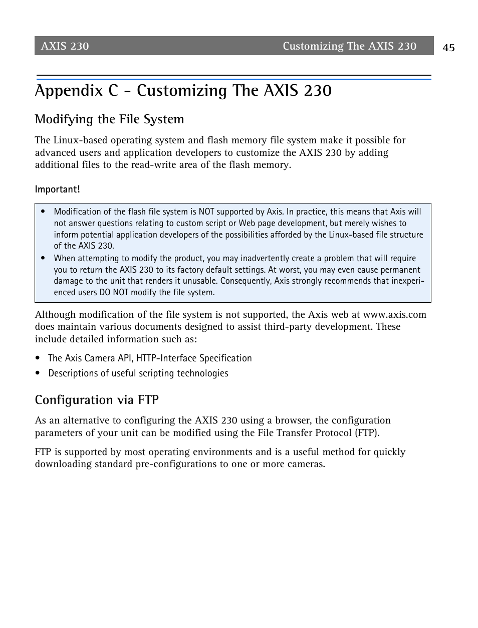 Appendix c - customizing the axis 230, Modifying the file system, Configuration via ftp | Appendix c - customizing the axis 230 45 | Axis Communications AXIS 230 User Manual | Page 45 / 62