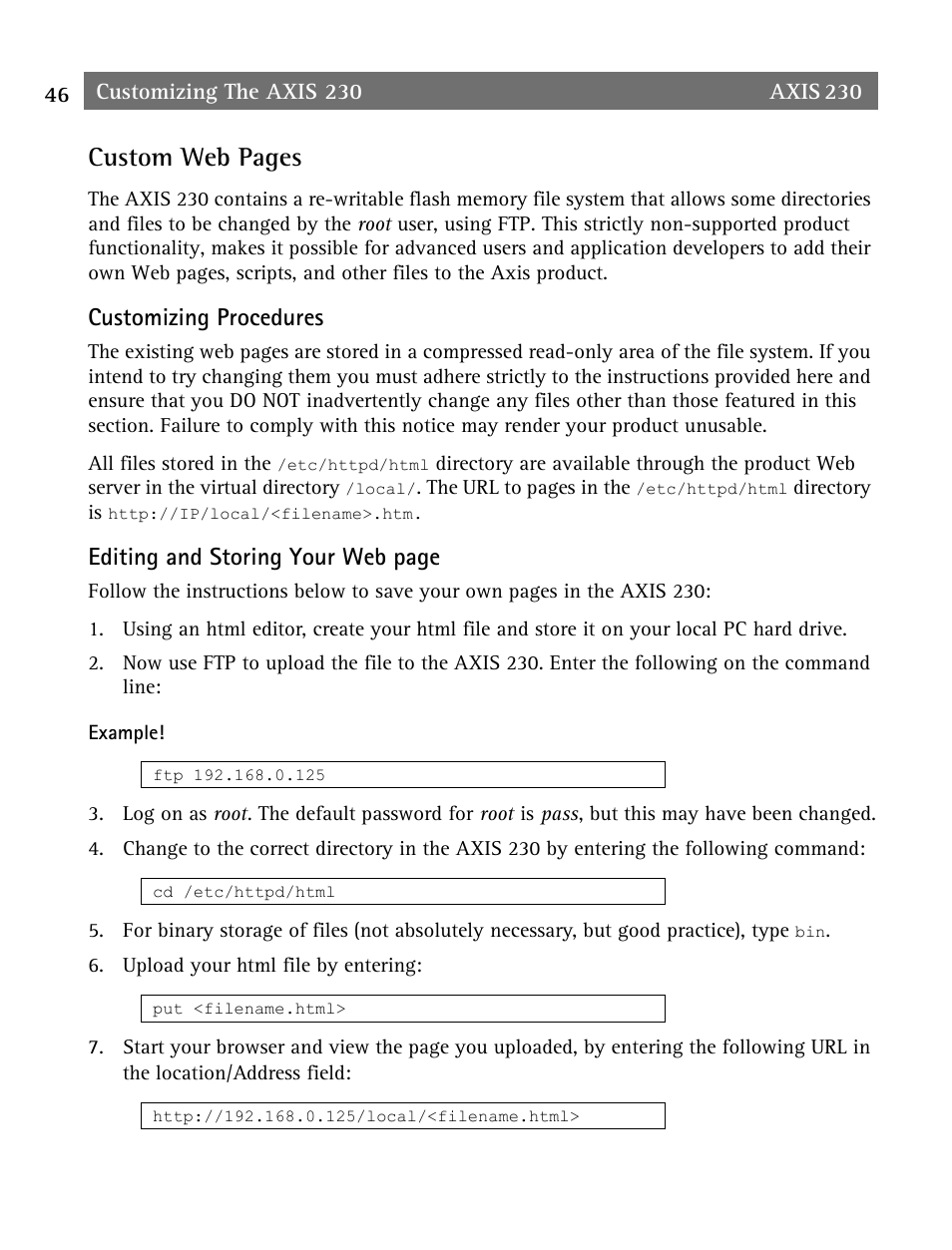 Custom web pages, Customizing procedures, Editing and storing your web page | Axis Communications AXIS 230 User Manual | Page 46 / 62