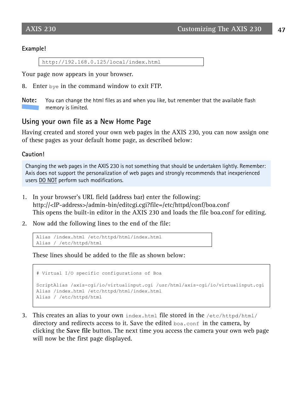 Using your own file as a new home page | Axis Communications AXIS 230 User Manual | Page 47 / 62
