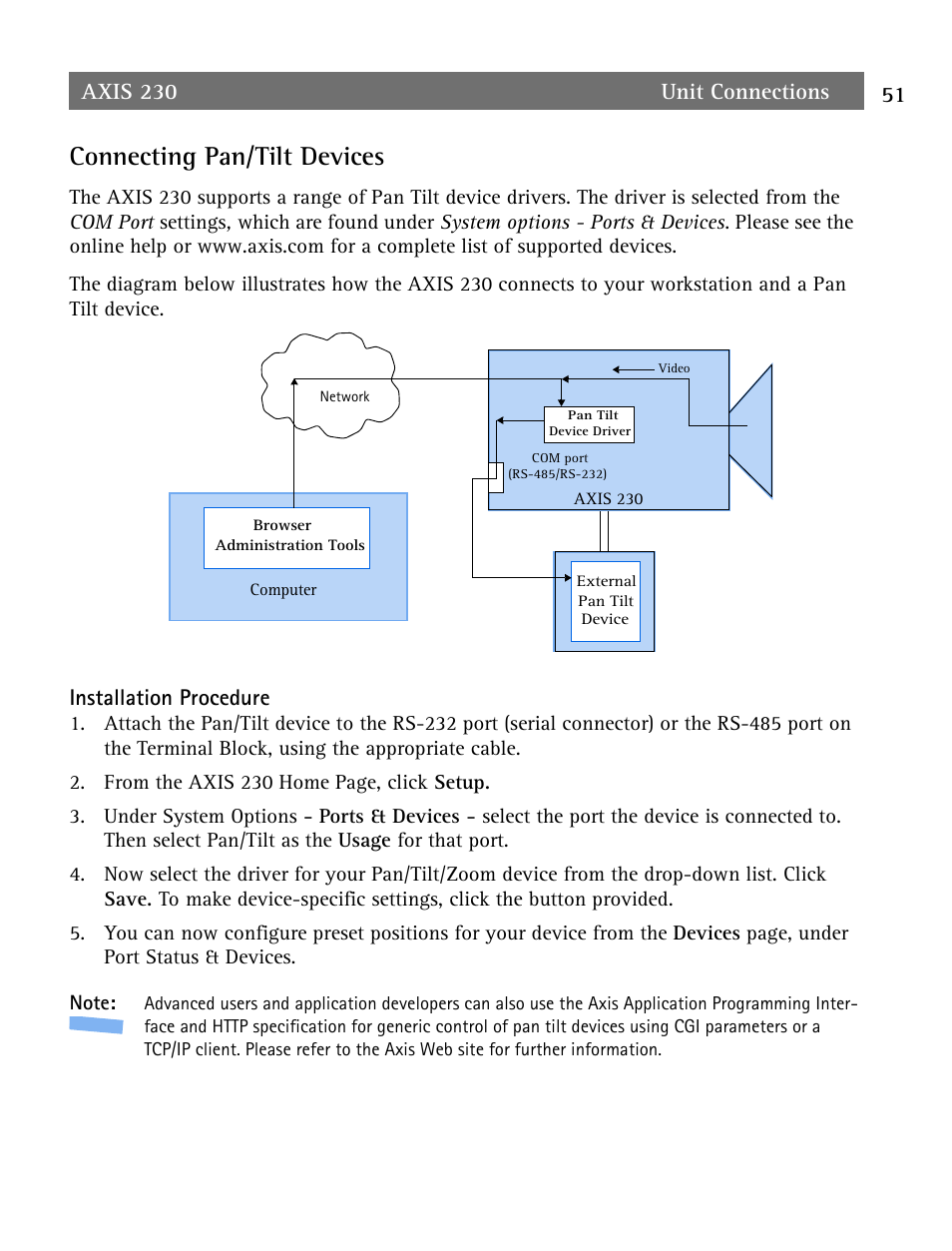Connecting pan/tilt devices, Installation procedure | Axis Communications AXIS 230 User Manual | Page 51 / 62