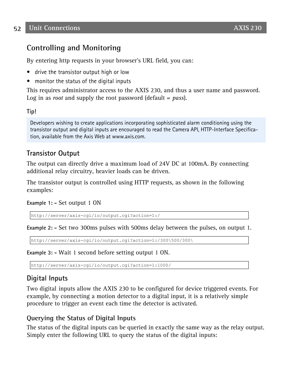 Controlling and monitoring, Transistor output, Digital inputs | Axis Communications AXIS 230 User Manual | Page 52 / 62