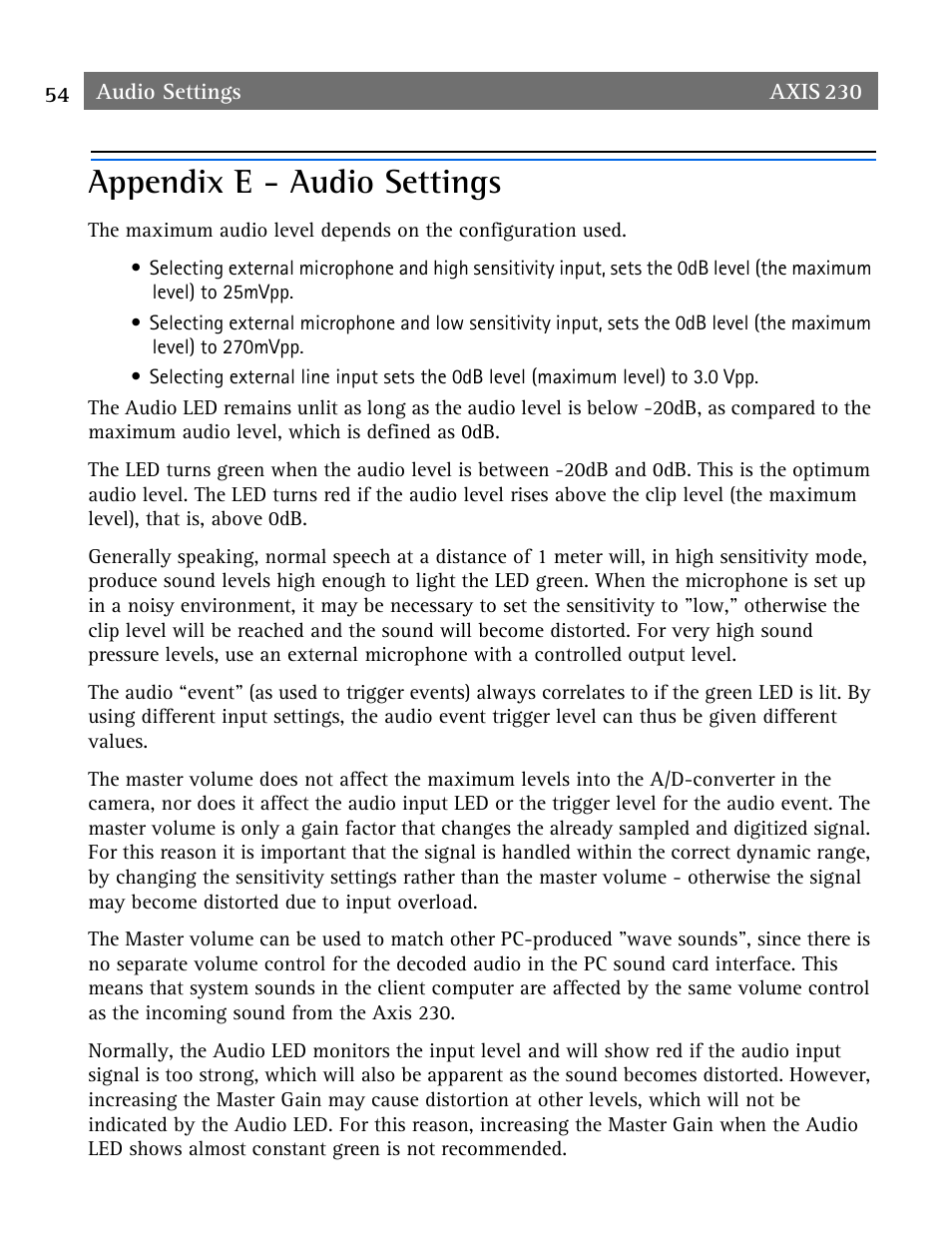 Appendix e - audio settings, Appendix e - audio settings 54 | Axis Communications AXIS 230 User Manual | Page 54 / 62