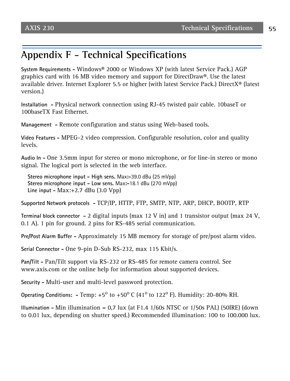 Appendix f - technical specifications, Appendix f - technical specifications 55 | Axis Communications AXIS 230 User Manual | Page 55 / 62