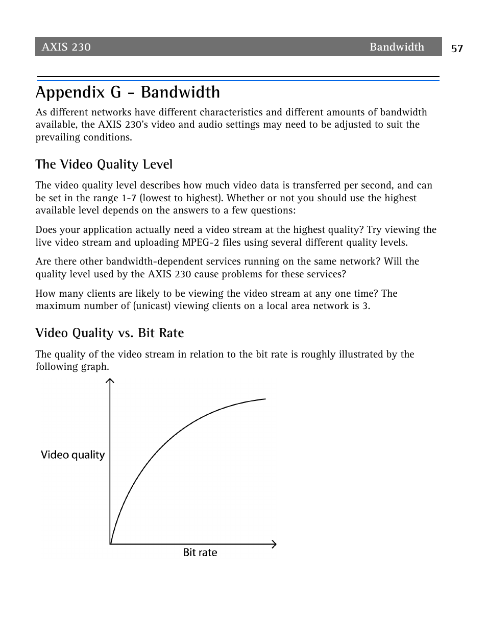 Appendix g - bandwidth, The video quality level, Video quality vs. bit rate | Appendix g - bandwidth 57 | Axis Communications AXIS 230 User Manual | Page 57 / 62