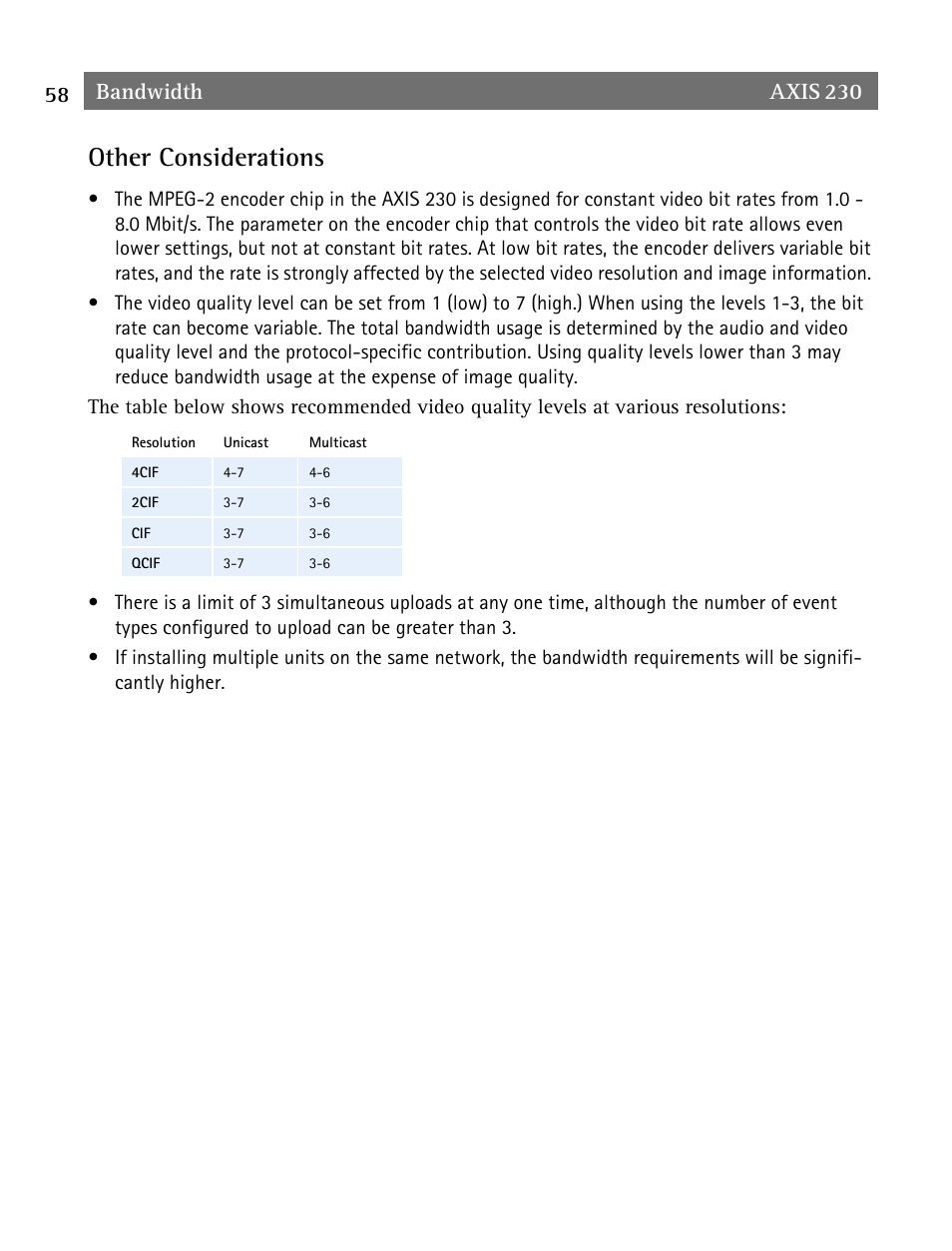 Other considerations, Bandwidth | Axis Communications AXIS 230 User Manual | Page 58 / 62