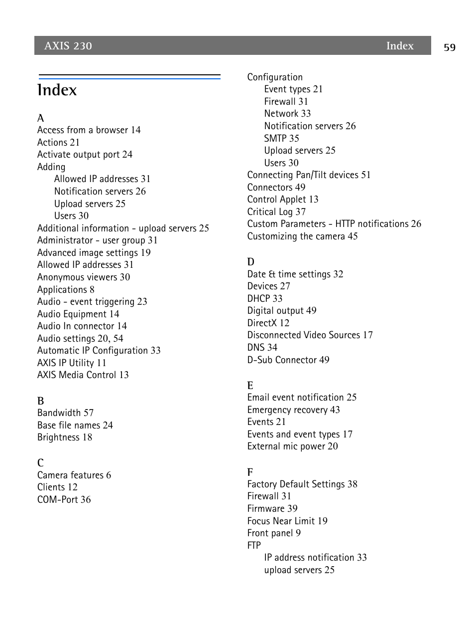 Index, Index 59 | Axis Communications AXIS 230 User Manual | Page 59 / 62