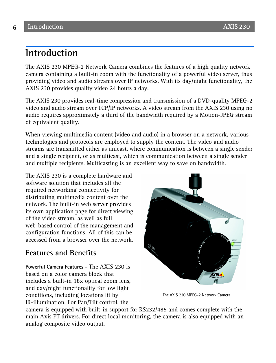 Introduction, Features and benefits, Introduction 6 | Axis Communications AXIS 230 User Manual | Page 6 / 62