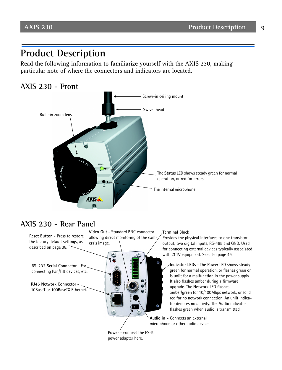 Product description, Axis 230 - front, Axis 230 - rear panel | Product description 9, Axis 230 product description 9 | Axis Communications AXIS 230 User Manual | Page 9 / 62