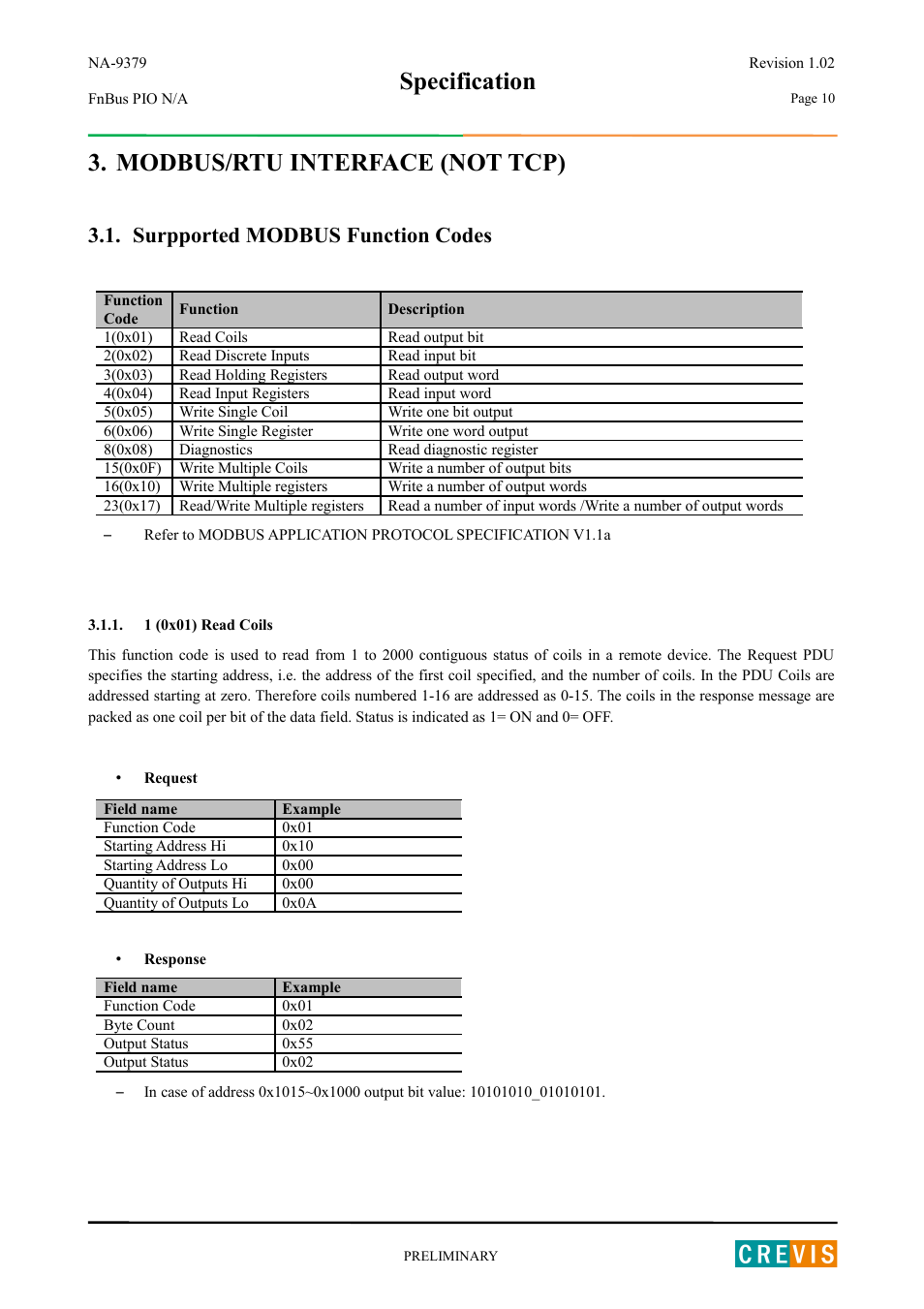 Modbus/rtu interface (not tcp), Surpported modbus function codes, 1 (0x01) read coils | Specification | Beijer Electronics NA-9379 User Manual | Page 10 / 25