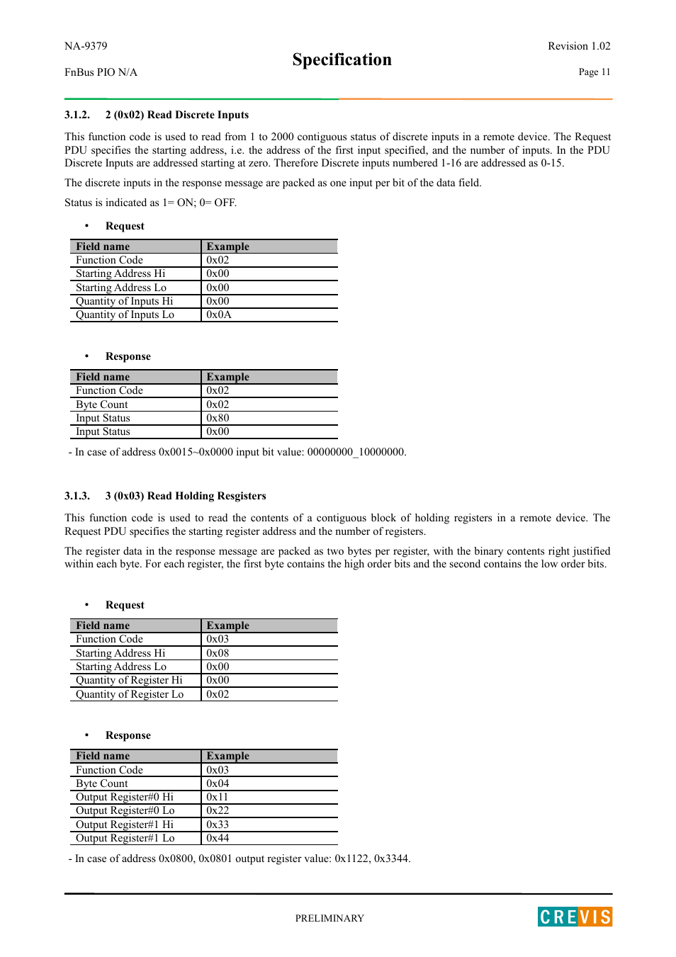 2 (0x02) read discrete inputs, 3 (0x03) read holding resgisters, Specification | Beijer Electronics NA-9379 User Manual | Page 11 / 25