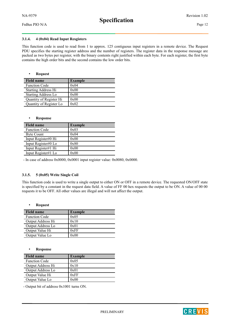 4 (0x04) read input resgisters, 5 (0x05) write single coil, Specification | Beijer Electronics NA-9379 User Manual | Page 12 / 25