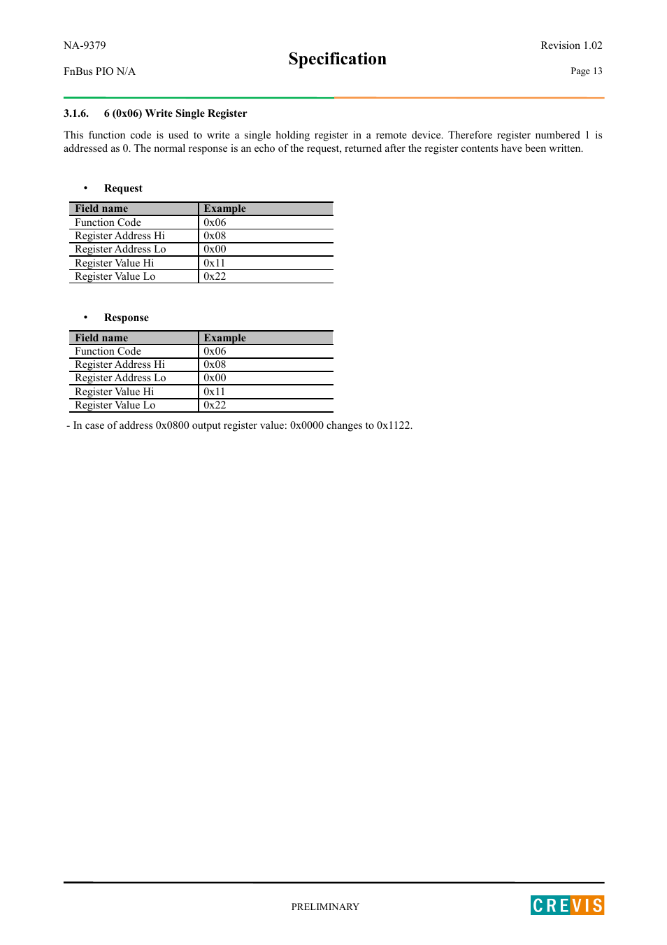 6 (0x06) write single register, Specification | Beijer Electronics NA-9379 User Manual | Page 13 / 25