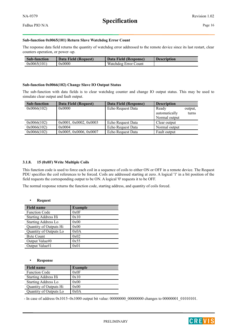 15 (0x0f) write multiple coils, Specification | Beijer Electronics NA-9379 User Manual | Page 16 / 25