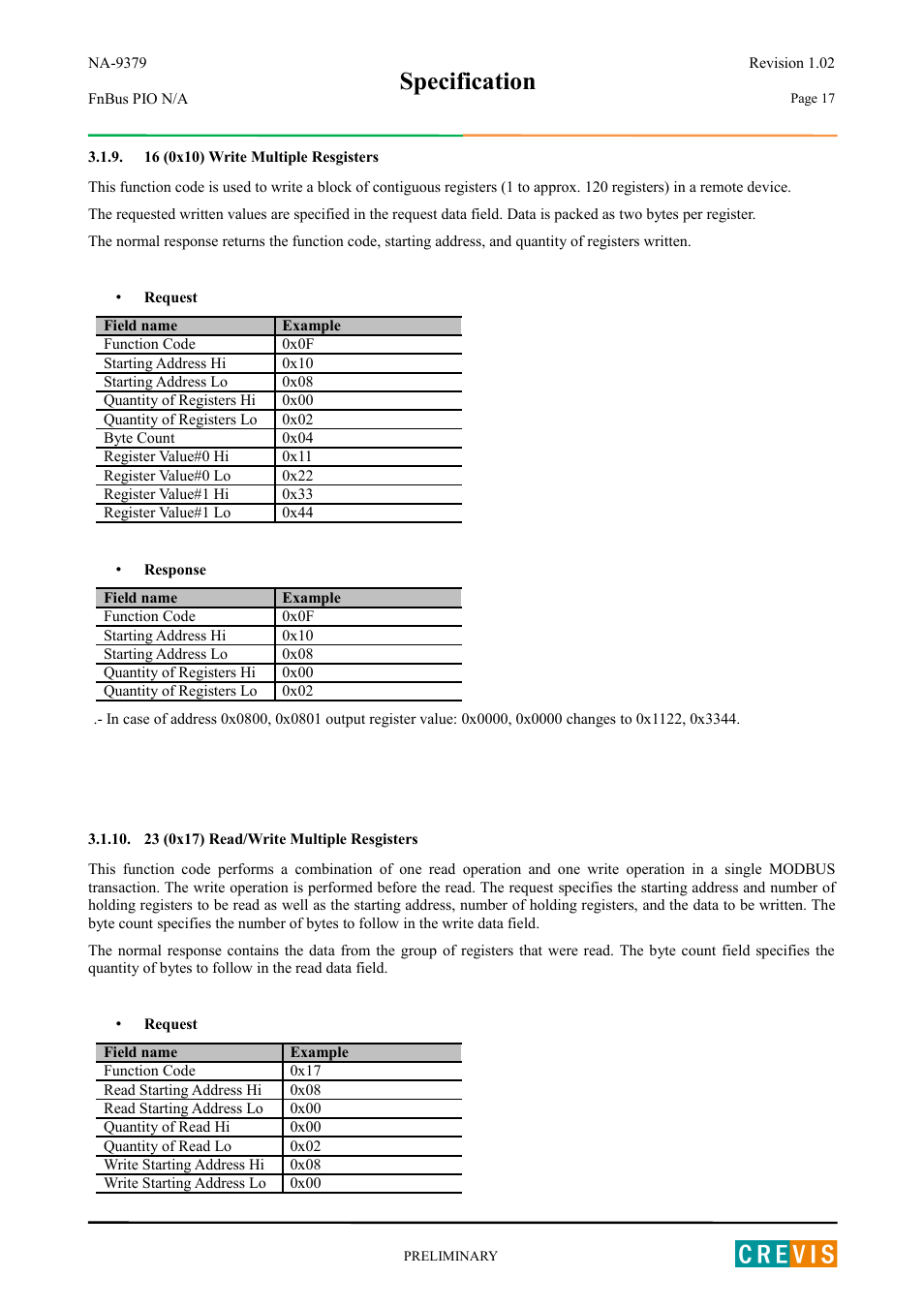 16 (0x10) write multiple resgisters, 23 (0x17) read/write multiple resgisters, Specification | Beijer Electronics NA-9379 User Manual | Page 17 / 25