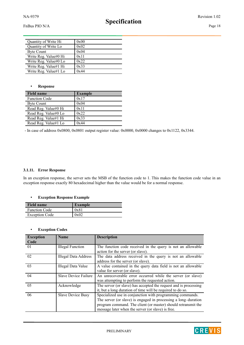 Error response, Specification | Beijer Electronics NA-9379 User Manual | Page 18 / 25