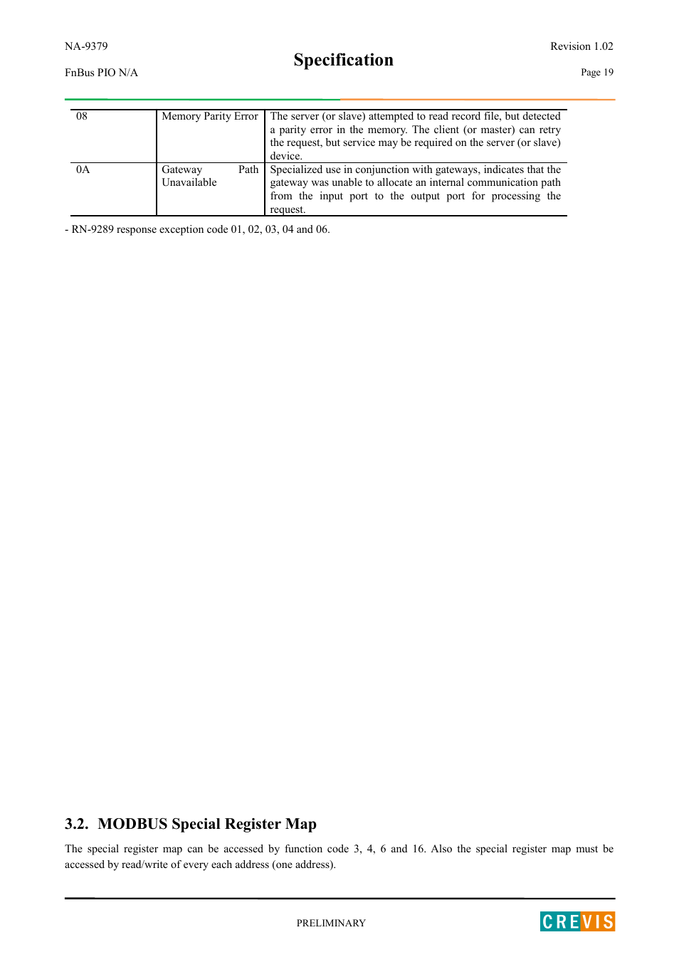 Modbus special register map, Specification | Beijer Electronics NA-9379 User Manual | Page 19 / 25