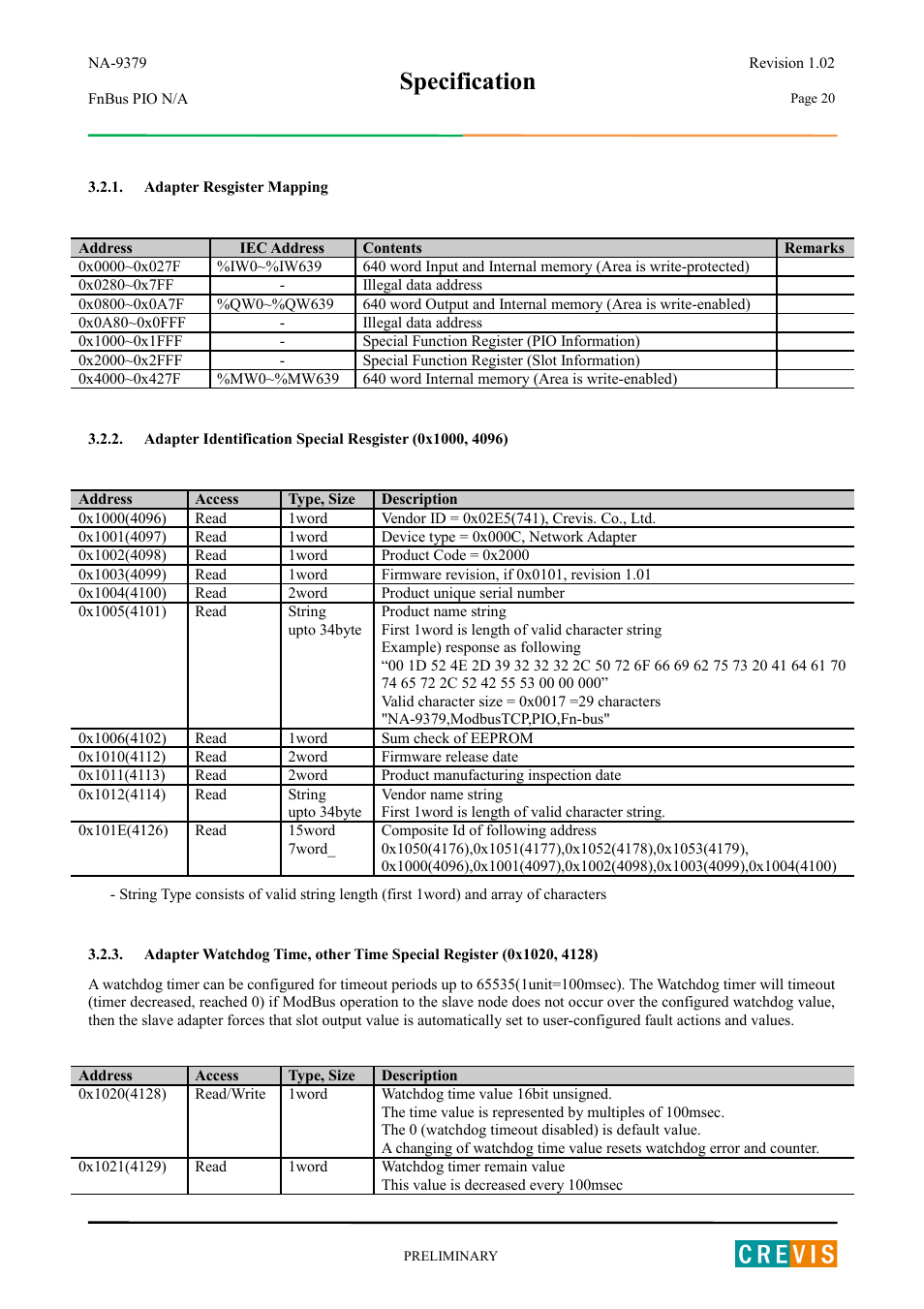 Adapter resgister mapping, Specification | Beijer Electronics NA-9379 User Manual | Page 20 / 25