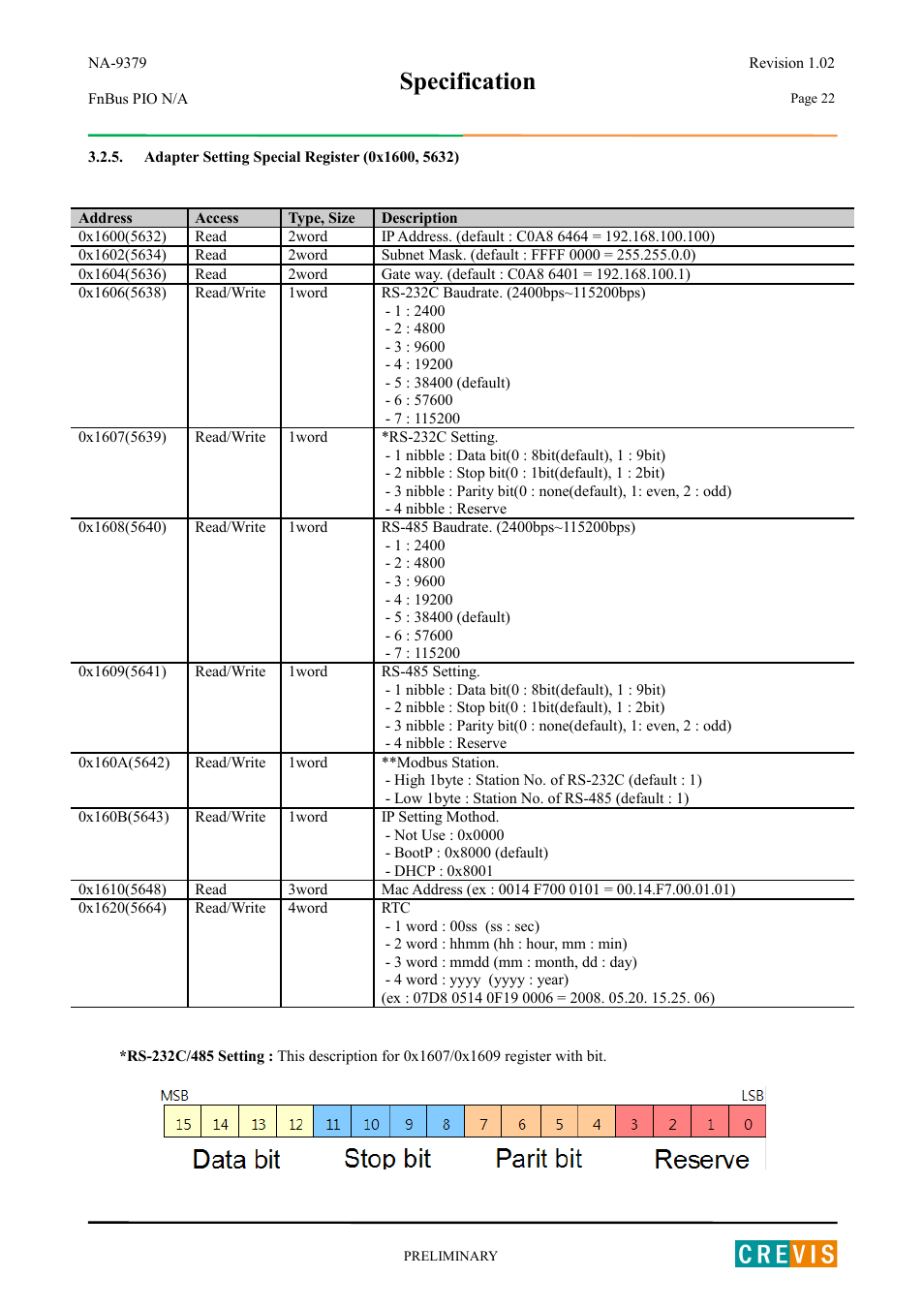 Adapter setting special register (0x1600, 5632), Specification | Beijer Electronics NA-9379 User Manual | Page 22 / 25