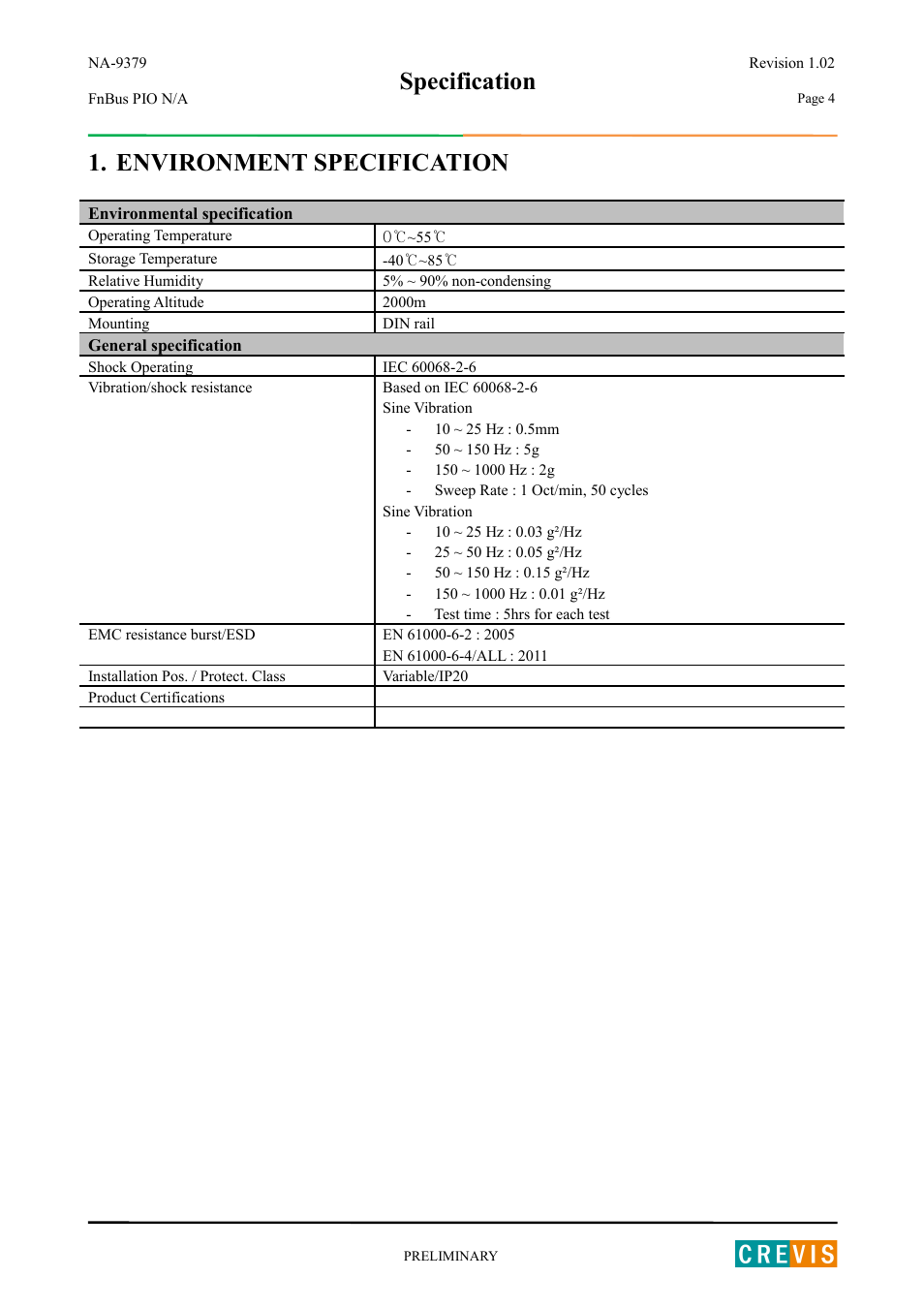 Environment specification, Specification | Beijer Electronics NA-9379 User Manual | Page 4 / 25