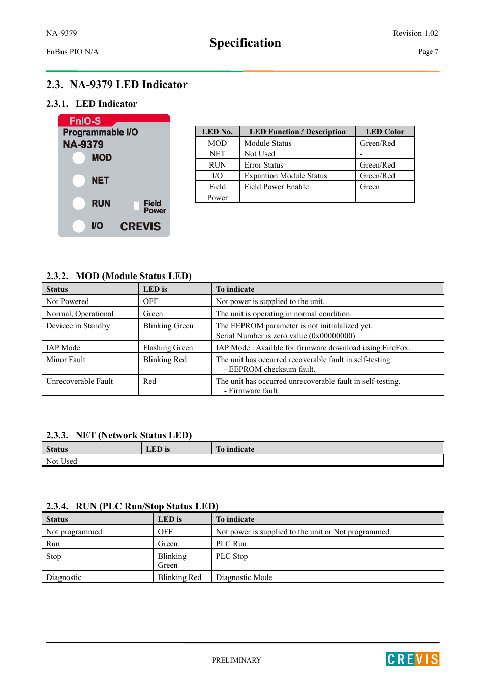 Na-9379 led indicator, Led indicator, Mod (module status led) | Net (network status led), Run (plc run/stop status led), Specification | Beijer Electronics NA-9379 User Manual | Page 7 / 25
