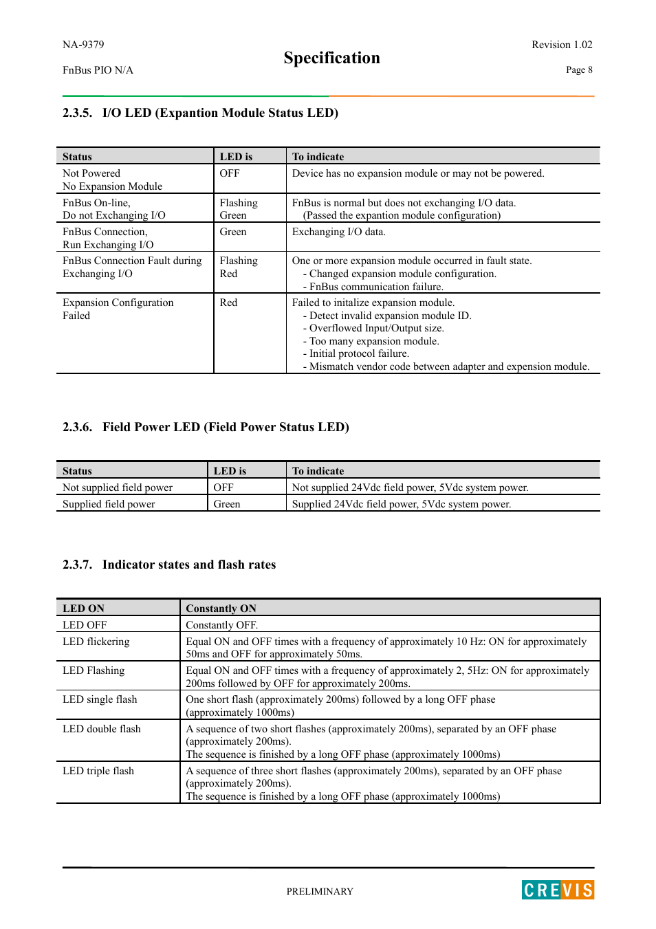 I/o led (expantion module status led), Field power led (field power status led), Indicator states and flash rates | Specification | Beijer Electronics NA-9379 User Manual | Page 8 / 25