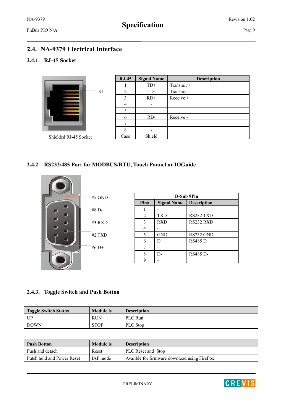 Na-9379 electrical interface, Rj-45 socket, Toggle switch and push botton | Specification | Beijer Electronics NA-9379 User Manual | Page 9 / 25