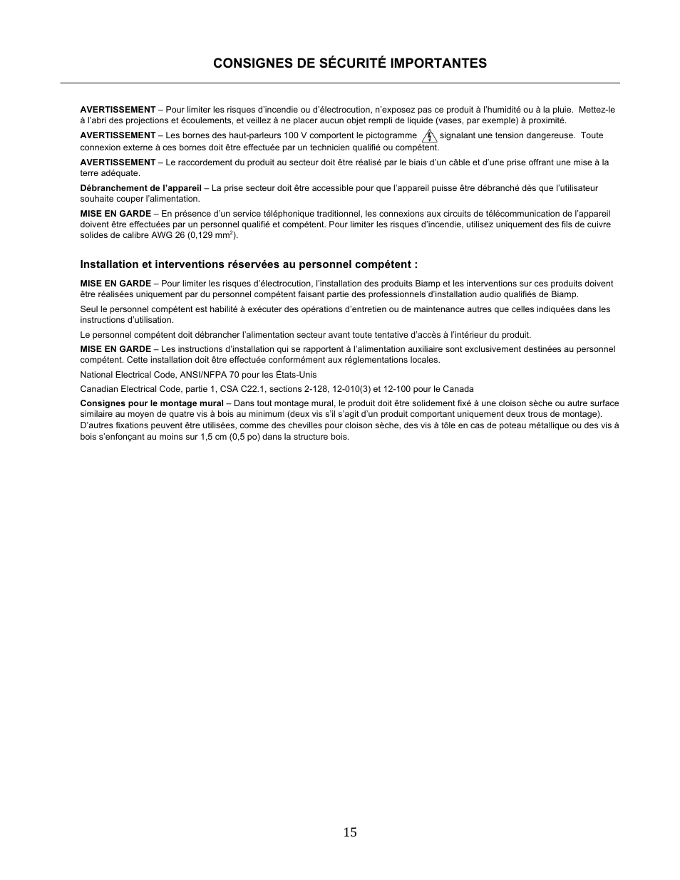Consignes de sécurité importantes 15 | Biamp Tesira EX-IO User Manual | Page 15 / 27