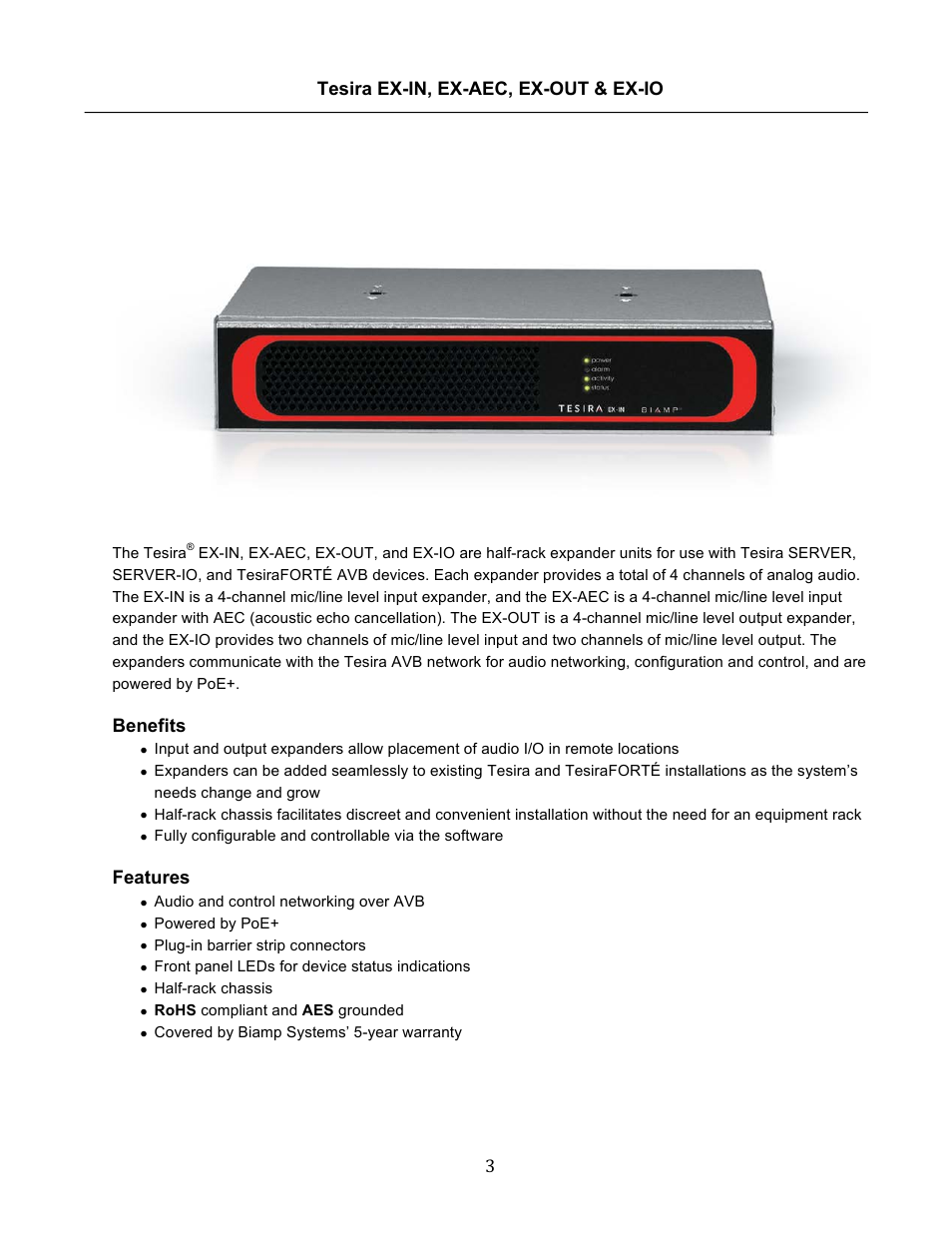 Tesira ex-in, ex-aec, ex-out & ex-io | Biamp Tesira EX-IO User Manual | Page 3 / 27