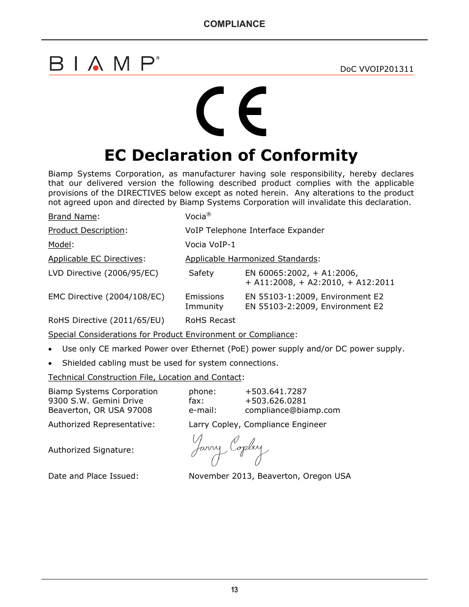 Ec declaration of conformity | Biamp VOIP-1-4 User Manual | Page 13 / 30