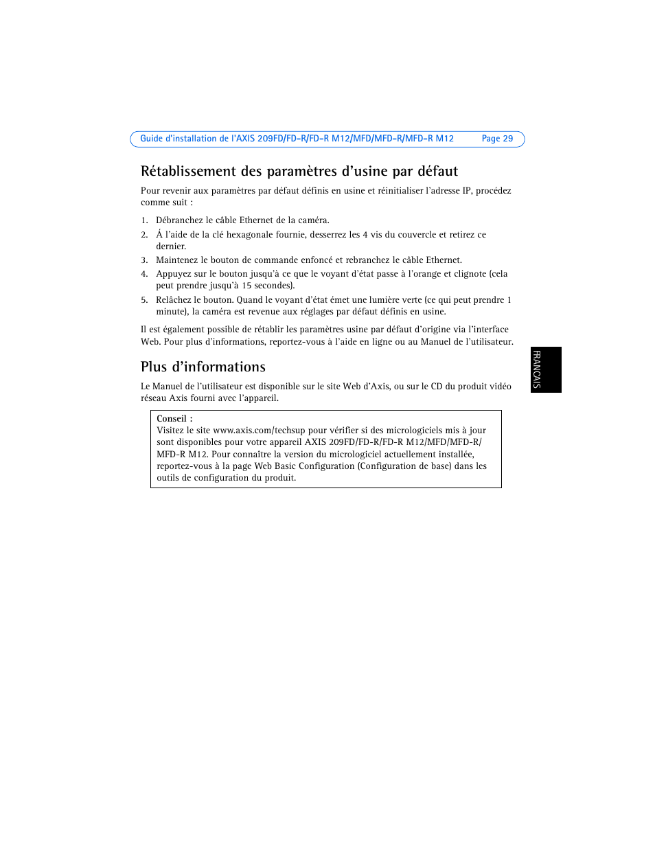 Rétablissement des paramètres d'usine par défaut, Plus d'informations | Axis Communications AXIS 209MFD User Manual | Page 29 / 73