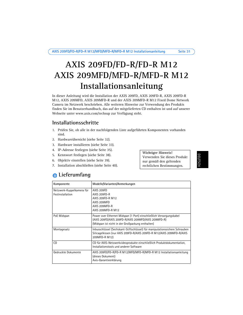 Installationsschritte, Lieferumfang, Installationsanleitung | Axis Communications AXIS 209MFD User Manual | Page 31 / 73