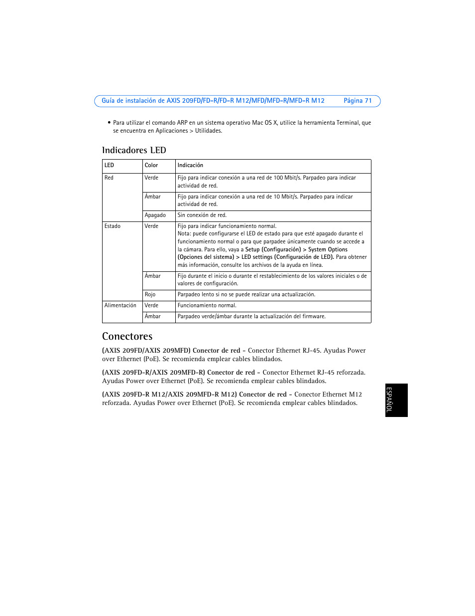 Indicadores led, Conectores | Axis Communications AXIS 209MFD User Manual | Page 71 / 73
