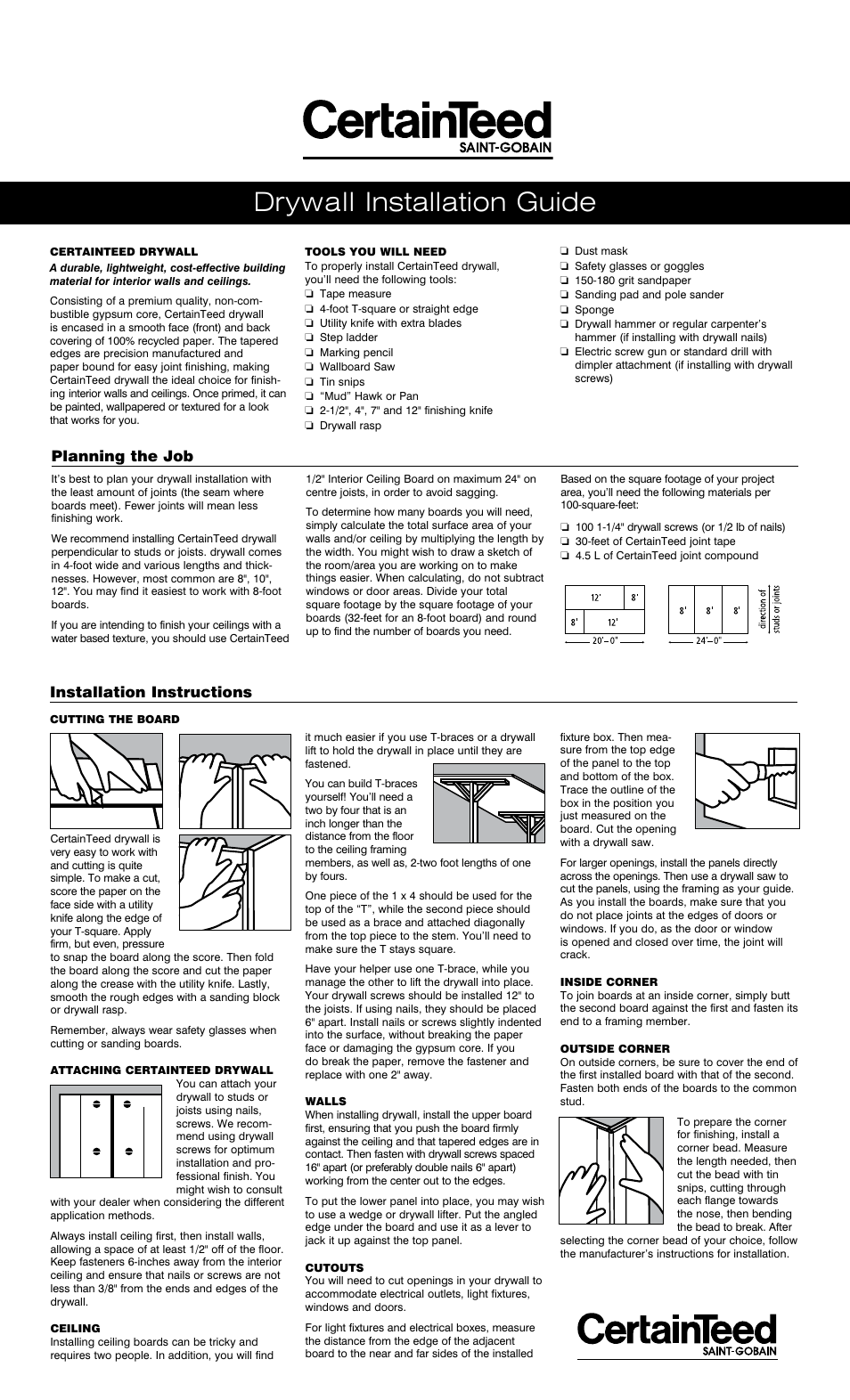 Drywall installation guide, Planning the job, Installation instructions | CertainTeed CTG_CT037_EF User Manual | Page 2 / 2