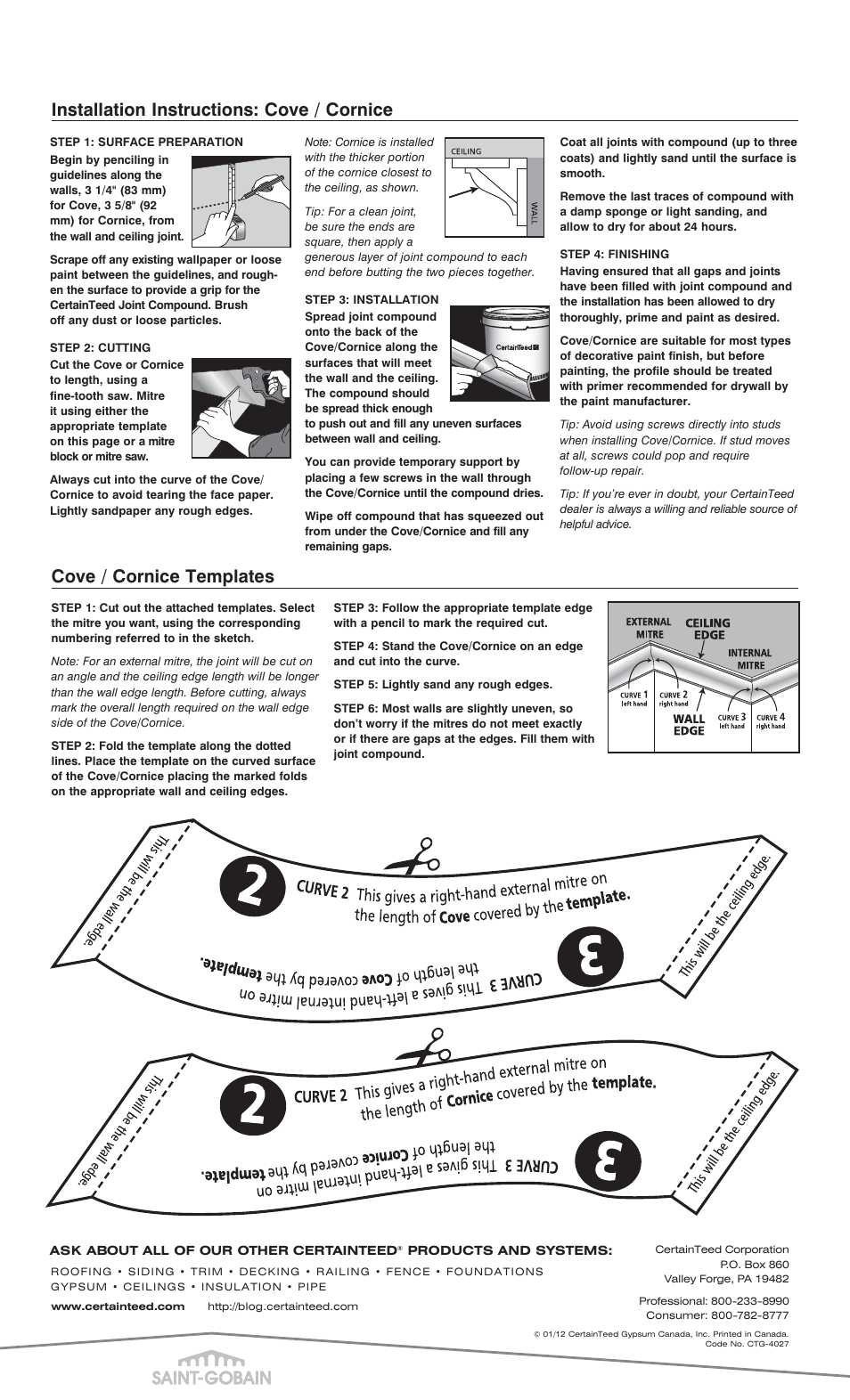 Cove / cornice templates, Installation instructions: cove / cornice | CertainTeed CTG_Moulding User Manual | Page 2 / 2