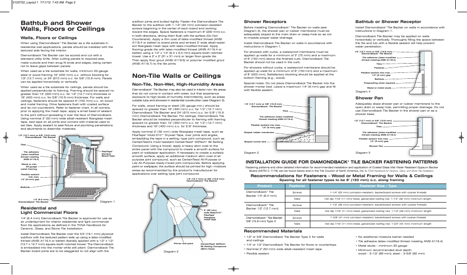 Non-tile walls or ceilings, Bathtub and shower walls, floors or ceilings, Installation guide for diamondback | Tile backer fastening patterns, Recommended materials shower receptors, Bathtub or shower receptor, Shower pan, Non-tile, non-wet, high-humidity areas, Walls, floors or ceilings, Residential and light commercial floors | CertainTeed 2509_Diamondback User Manual | Page 2 / 2