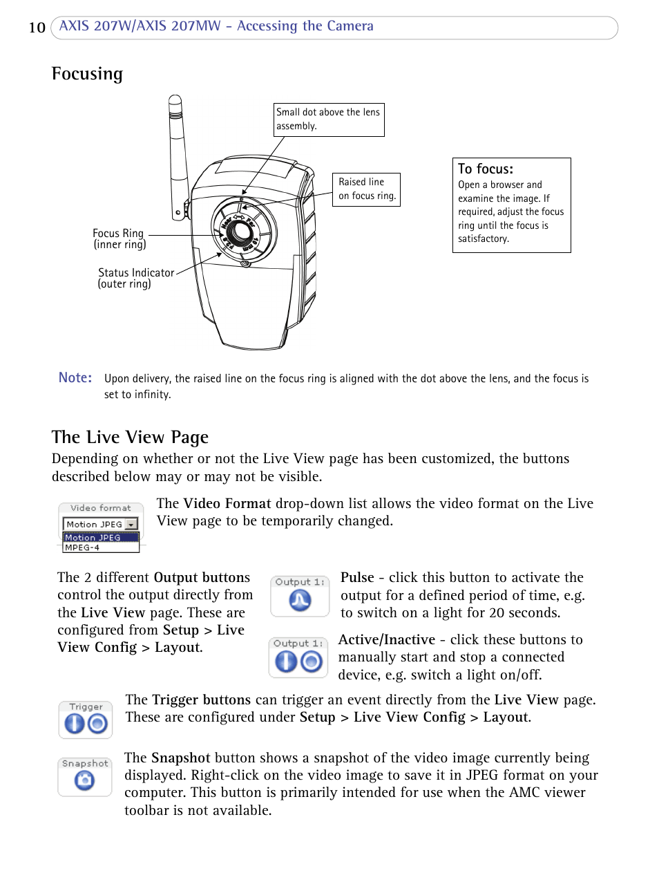 Focusing, The live view page | Axis Communications 207W User Manual | Page 10 / 59