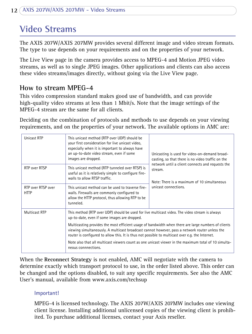 Video streams, How to stream mpeg-4 | Axis Communications 207W User Manual | Page 12 / 59