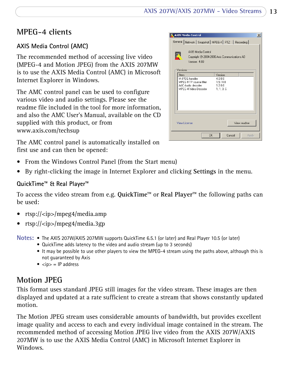Mpeg-4 clients, Motion jpeg, Mpeg-4 clients motion jpeg | Axis Communications 207W User Manual | Page 13 / 59