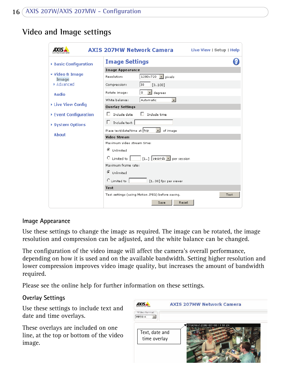 Video and image settings | Axis Communications 207W User Manual | Page 16 / 59
