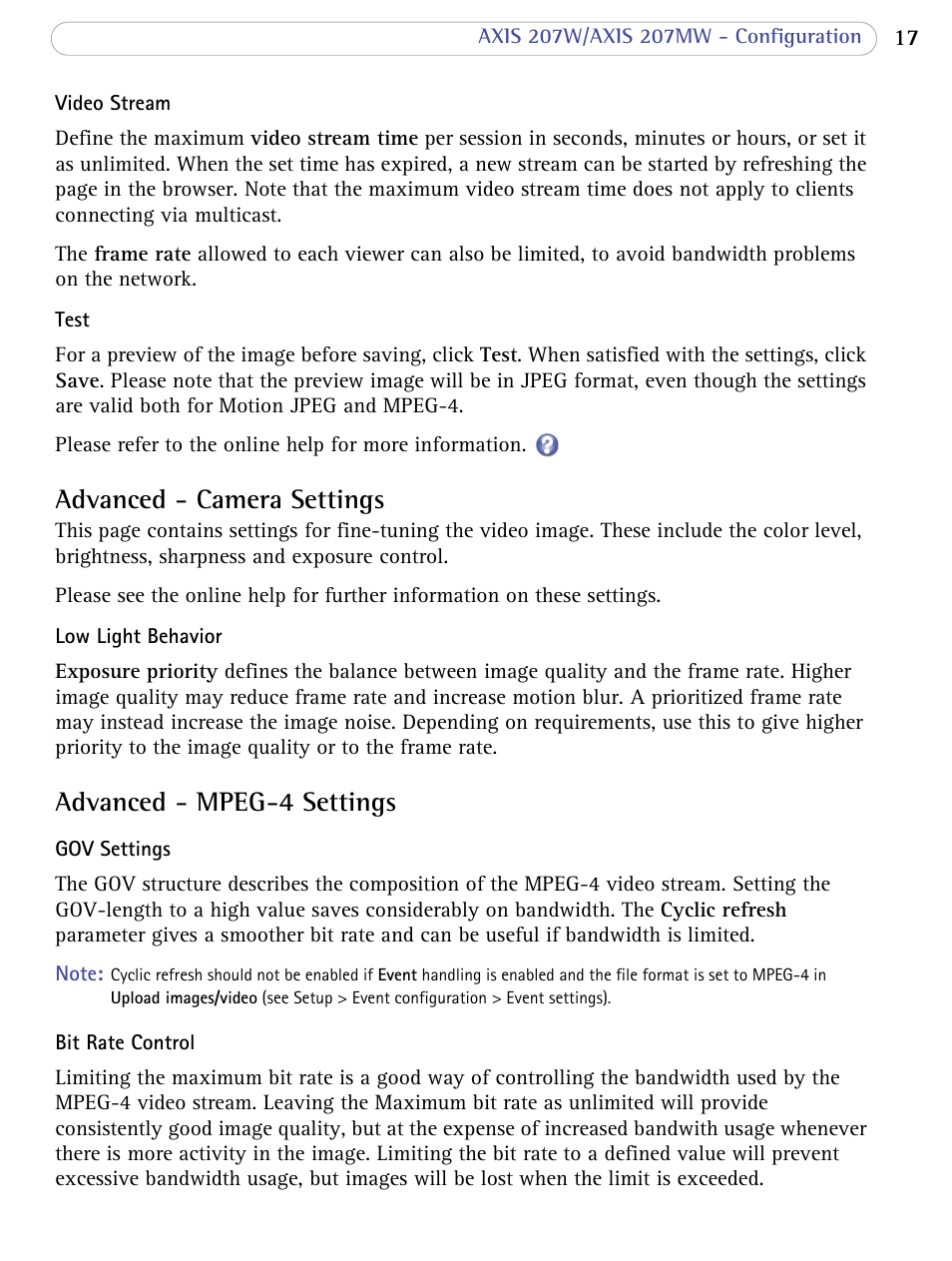 Advanced - camera settings, Advanced - mpeg-4 settings | Axis Communications 207W User Manual | Page 17 / 59