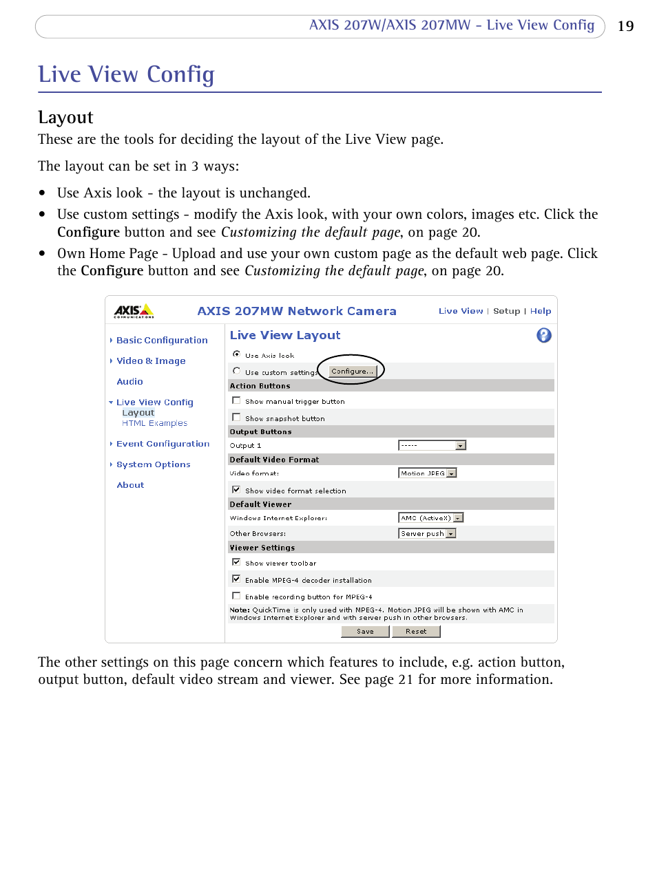 Live view config, Layout | Axis Communications 207W User Manual | Page 19 / 59