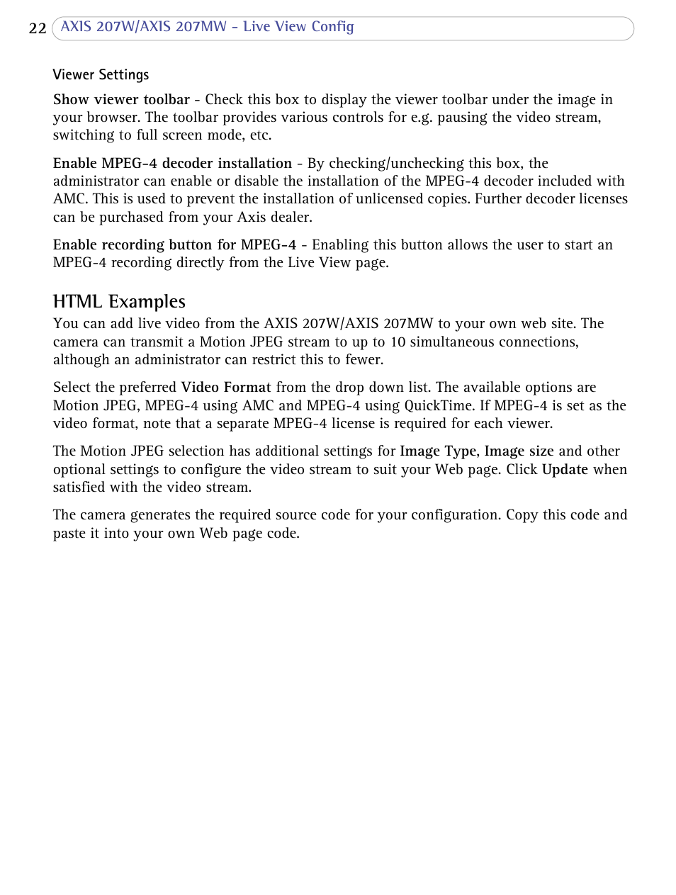 Html examples | Axis Communications 207W User Manual | Page 22 / 59