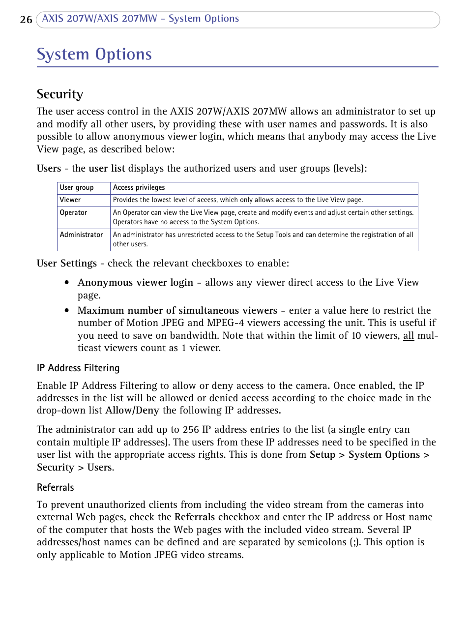 System options, Security | Axis Communications 207W User Manual | Page 26 / 59