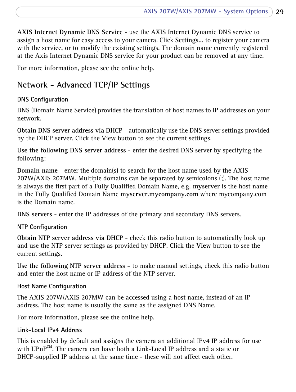 Network - advanced tcp/ip settings | Axis Communications 207W User Manual | Page 29 / 59