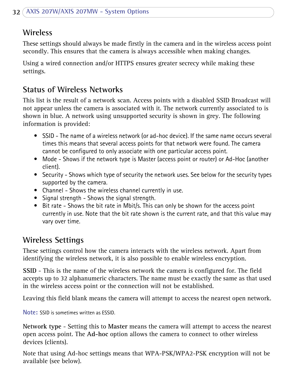 Wireless, Status of wireless networks, Wireless settings | Axis Communications 207W User Manual | Page 32 / 59