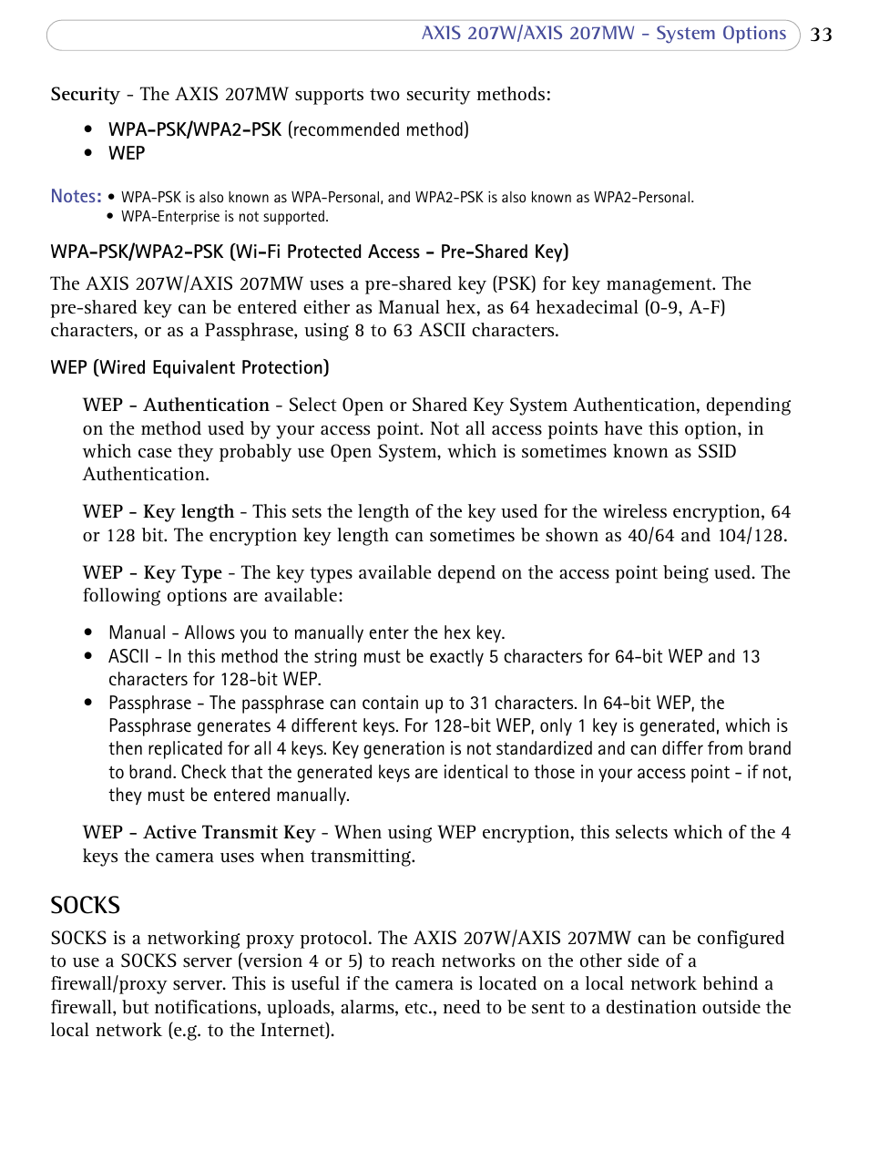 Socks | Axis Communications 207W User Manual | Page 33 / 59