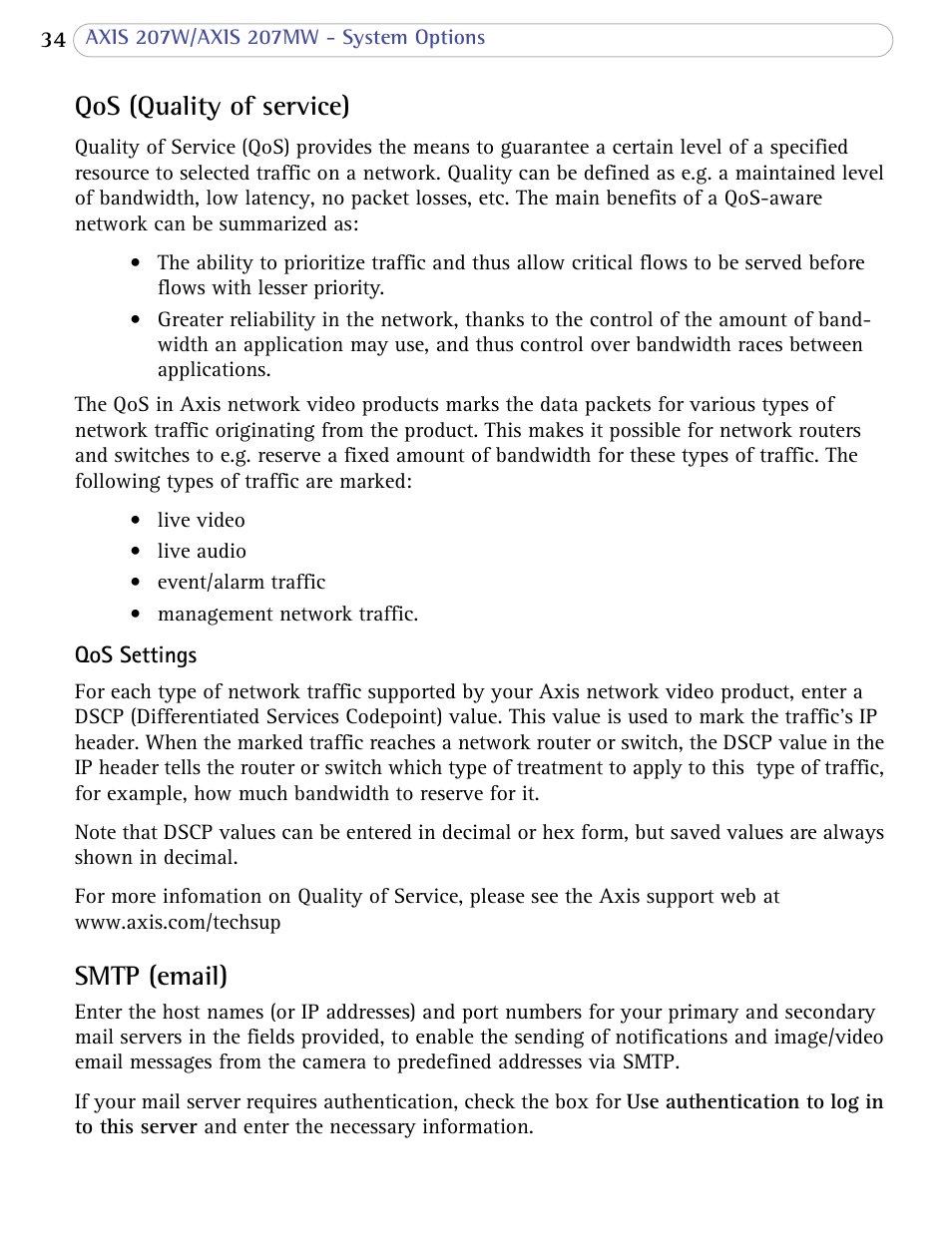 Qos (quality of service), Smtp (email), Qos (quality of service) smtp (email) | Axis Communications 207W User Manual | Page 34 / 59