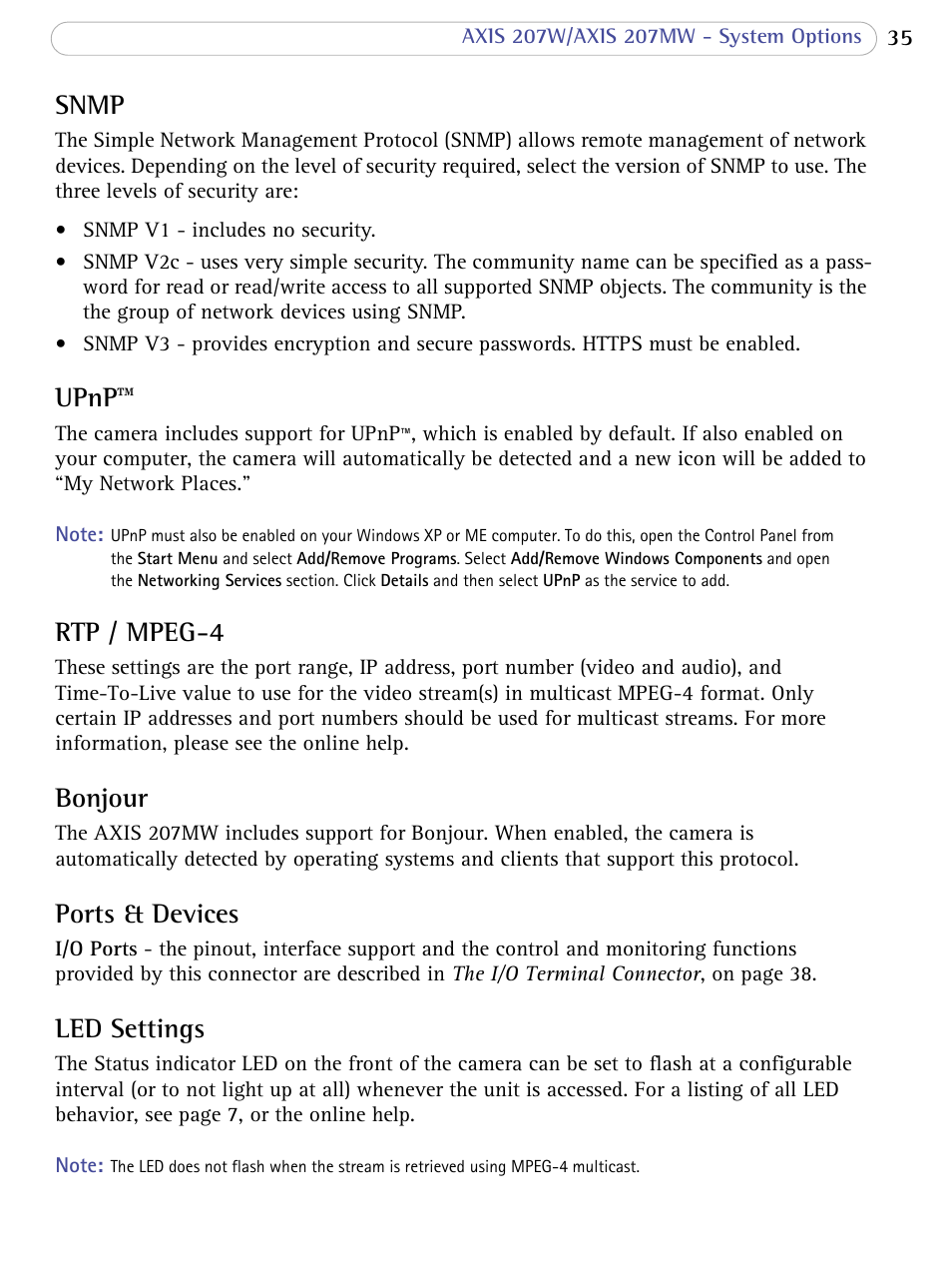 Snmp, Upnp, Rtp / mpeg-4 | Bonjour, Ports & devices, Led settings | Axis Communications 207W User Manual | Page 35 / 59